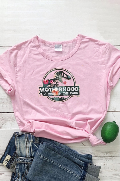 Womens T-Shirt Stylish Dinosaur Letter Motherhood Is a Walk in the Park Pattern Regular Fitted Round Neck Short Sleeve T-Shirt