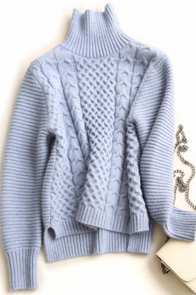All-Match Women's Sweater Plain Cable Knit Patchwork Ribbed Trims High Neck Long-sleeved Relaxed Fit Sweater