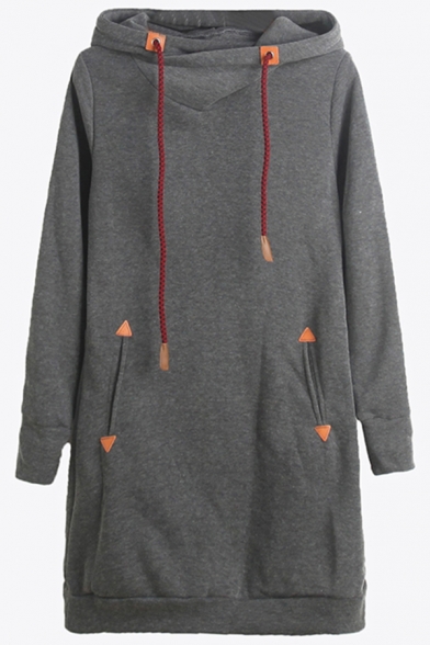 Basic Women's Hooded Sweatshirt Contrast Detailed Side Pockets Drawstring Long Sleeves Loose Fit Midi Hoodie