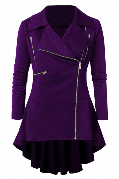 Basic Womens Trench Coat Plain Ruffle Hem Swallow-Tailed Zipper Front Wide Lapel Slim Fit Long Sleeve Dress Coat