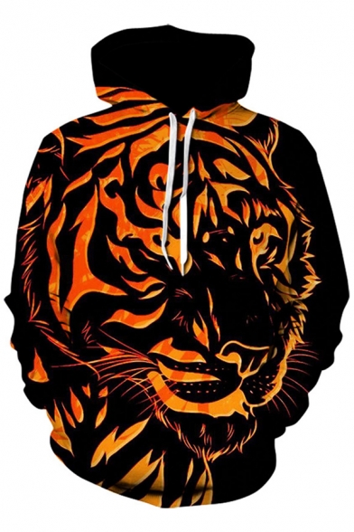 Black and Orange Cool Tiger 3D Pattern Long Sleeves Simple Hoodie