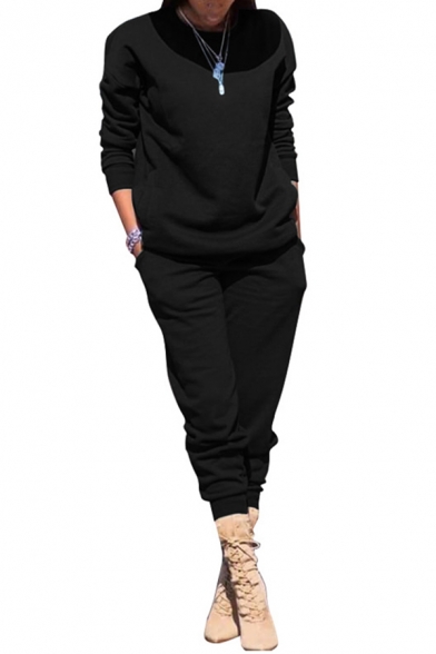Casual Women's Set Solid Color Crew Neck Long Sleeves Regular Fitted Sweatshirt with Ankle Banded Long Pants Co-ords