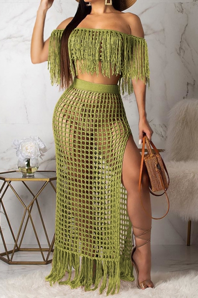Classic Womens Co-ords Solid Color Fringe Detail off Shoulder Sleeveless Tee High Slit Maxi Open-Knit Beach Skirt Lounge Co-ords