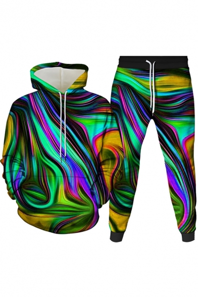 Cool Mens 3D Co-ords Colored Ombre Pattern Slim Fitted 7/8 Length Tapered Pants Long Sleeve Hoodie Jogger Co-ords