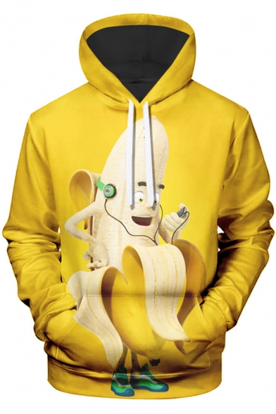 Dressy Mens 3D Banana Headset Pattern Pocket Drawstring Long Sleeve Regular Fit Hooded Sweatshirt in Yellow