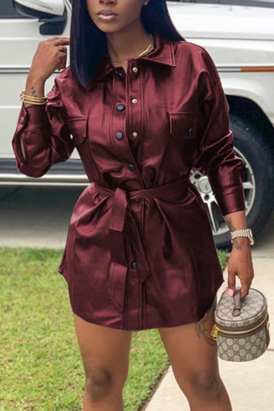 Elegant Women's Shirt Dress Solid Color Button-down Chest Pockets Turn-down Collar Long-sleeved Regular Fitted Shirt Dress with Belt