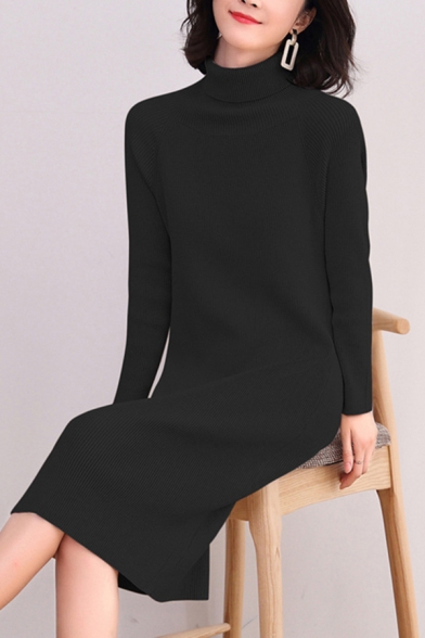 Elegant Women's Sweater Dress Rib Knit Solid Color Turtleneck Long Sleeves Regular Fitted Sweater Dress