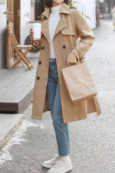 Elegant Women's Trench Coat Solid Color Double Breasted Buckle Cuffs Notched Collar Regular Fitted Trench Coat
