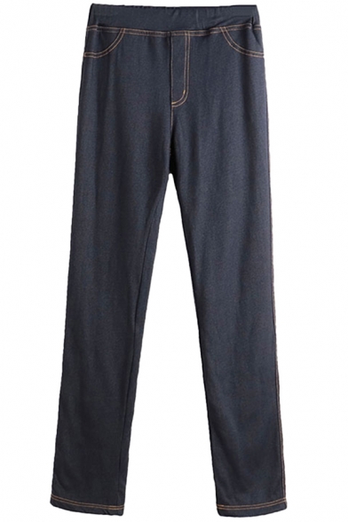 Fancy Pants Solid Color Woolen Elasticity High-Rise Long Straight Jeans Pants for Women