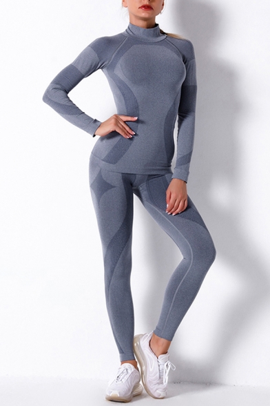 Fancy Women's Set Contrast Panel Turtleneck Long Sleeves Slim Fitted Tee Top with High Waist Skinny Pants Yoga Co-ords