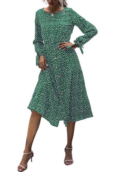 Fancy Womens A-Line Dress Polka Dot Pattern Button Detailed Drawstring Cuffs Boat Neck Long Sleeves Regular Fitted Midi A-Line Dress
