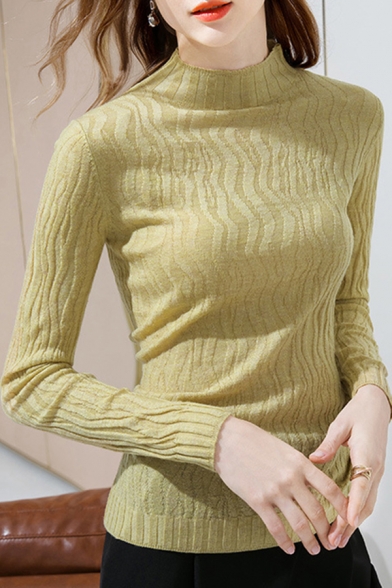 Leisure T-Shirt Fold Knit Ribbed Trim Mock Neck Long-sleeved Fitted Tee Top for Women