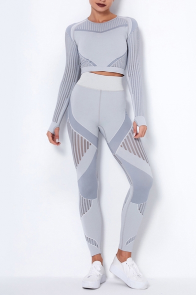 Leisure Womens Set Quick Dry Stripe Pattern Contrast Panel Crew Neck Long Sleeves Fitted Crop Top with High Waist Skinny Pants Fitness Co-ords