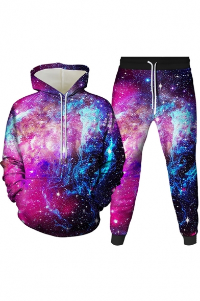 Mens Co-ords Creative 3D Galaxy Planet Pattern Slim Fitted 7/8 Length Tapered Pants Long Sleeve Hoodie Jogger Co-ords