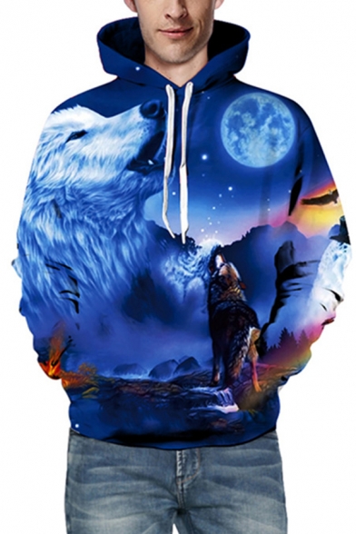 Mens Hoodie Trendy 3D Wolf Moon Horse Splatter Dippin Dot Beauty Floral Cat Ship Galaxy Dragon Lion Print Drawstring Slim Fitted Long Sleeve Hoodie