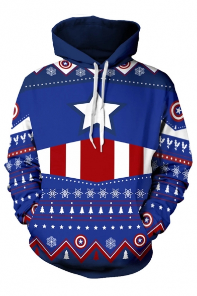 Mens Hoodie Trendy Star Stripe Snowflake Zigzag Tree Pattern Drawstring Long Sleeve Slim Fit Hooded Sweatshirt