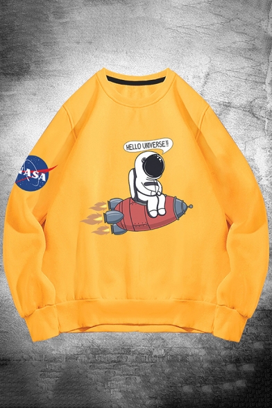 Mens Sweatshirt Stylish Astronaut NASA Logo Rocket Letter Hello Universe Pattern Long Sleeve Relaxed Fit Crew Neck Pullover Sweatshirt