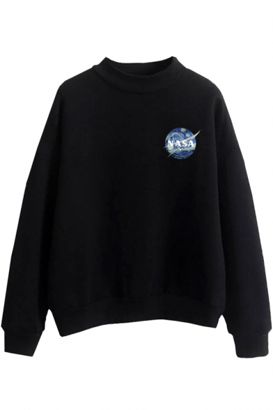 NASA Letter Painting Printed Long Sleeves Mock Neck Relaxed Fit Pullover Sweatshirt