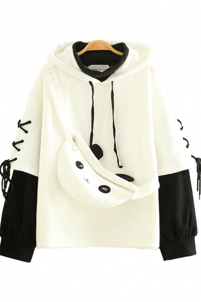 Novelty Womens Hoodie Color Block Fake Two Pieces Drawstring Loose Fit Long Lace-up Sleeve Hoodie