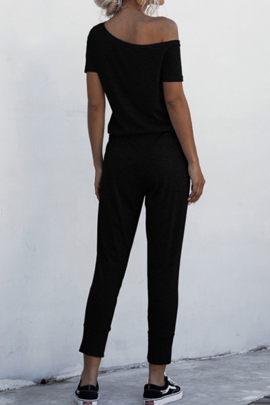 Novelty Womens Jumpsuit Plain Drawstring-Waist Slim Fitted Short Sleeve Sloping Shoulder Jumpsuit with Pockets