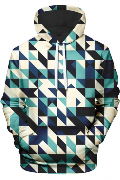 Popular Mens 3D Geometric Pattern Pocket Drawstring Long Sleeve Regular Fitted Hooded Sweatshirt