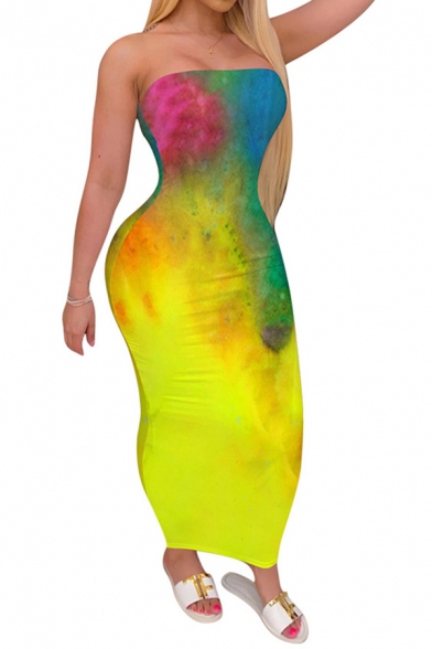 Retro Women's Dress Tie Dye Pattern off Strapless Sleeveless Long Slim Fitted Bodycon Dress