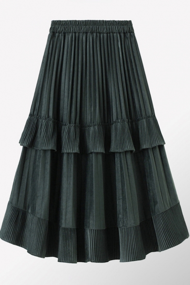 Retro Womens Pleated Skirt Pleuche Asymmetric Trim High Elastic Rise Midi A-Line Layered Skirt