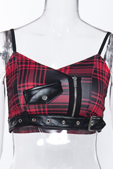 Sexy Women's Tank Top Plaid Pattern Buckle Zipper Detail Sweetheart Neck Sleeveless Strapped Slim Fitted Cropped Top