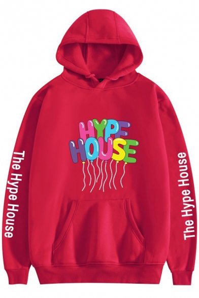 Stylish Women's Hoodie Letter The Hype House Pattern Kangaroo Pocket Long Sleeved Drawstring Hooded Sweatshirt