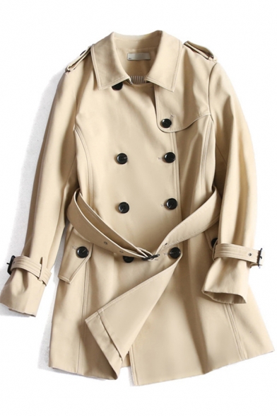 Stylish Women's Trench Coat Solid Color Double-Breasted Belted Side Pockets Button Detailed Turn-down Collar Long Sleeves Regular Fitted Coat