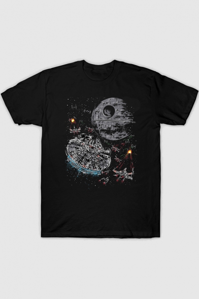 Unique Mens T-Shirt Space Galaxy Airplane Pattern Round Neck Short Sleeves Regular Fitted Tee Top