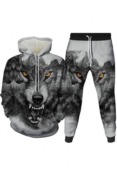 Vintage Mens 3D Co-ords Wolf Moon-Phase Meteor Pattern Slim Fitted 7/8 Length Tapered Pants Long Sleeve Hoodie Jogger Co-ords