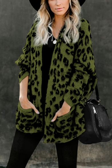Vintage Womens Cardigan Leopard Skin Pattern Front Double-Pocket Regular Fitted Open Front Tunic Long Sleeve Cardigan