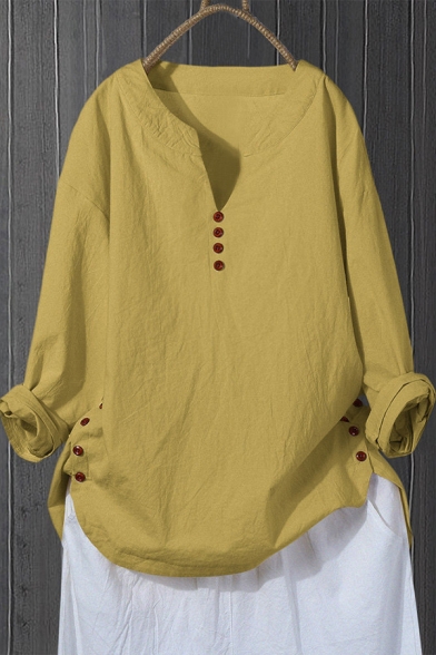 Vintage Womens Shirt Solid Color Cotton Linen Button Hem Regular Fitted Long Sleeve Split Neck Pullover Shirt