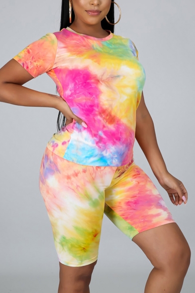 Womens Co-ords Fashionable Tie Dye Short Sleeve Round Neck Tee Slim Fitted Shorts Co-ords