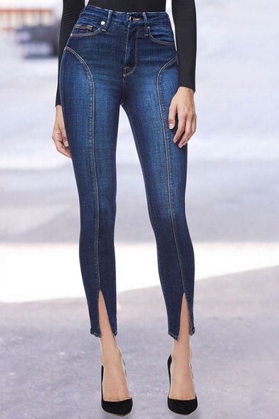 Womens Jeans Trendy Medium Wash Panel Split Hem Zipper Fly Slim Fit 7/8 Length Straight Jeans