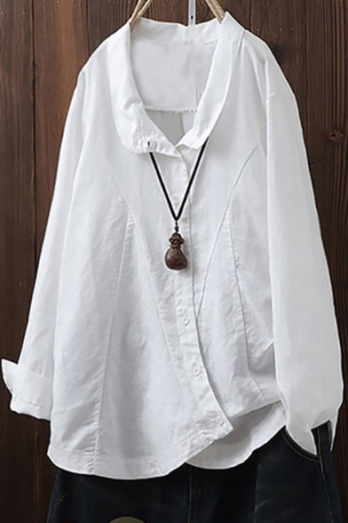 Womens Shirt Fashionable Plain Cotton Linen Oblique Button down Loose Fit Long Sleeve Turn-down Collar Shirt