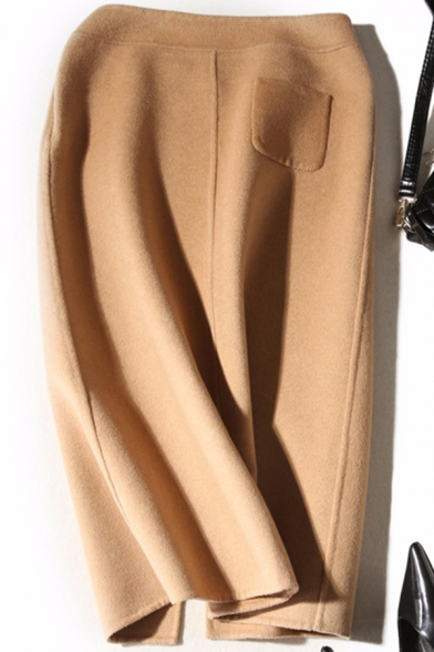 Womens Skirt Stylish Plain Double-Sided Woolen Invisible Zipper Split Detail High Rise Midi Bodycon Skirt