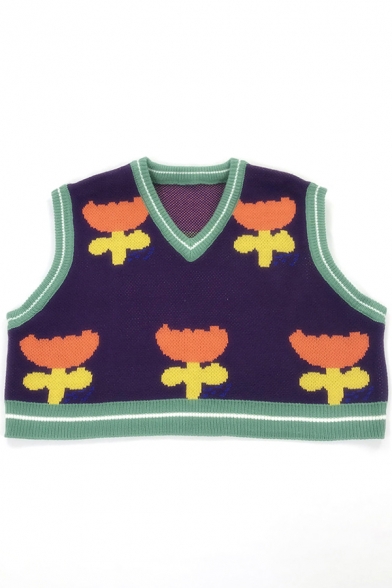 Womens Sweater Vest Casual Floral Jacquard V Neck Cropped Sleeveless Regular Fitted Sweater Vest