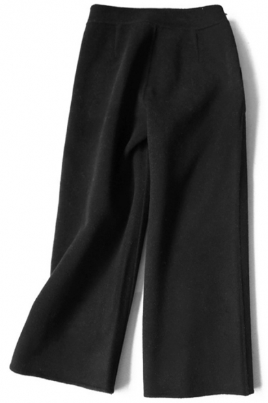 Basic Women's Pants Woolen Solid Color Pockets Elastic Waist Wide-Leg Loose Fitted Pants