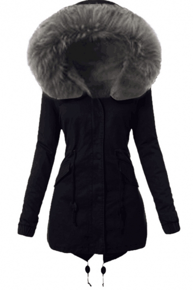 Basic Womens Coat Solid Color Split Drawstring Hem Fur-Trimmed Hood Zipper up Slim Fit Long Sleeve Mid-Length Parka