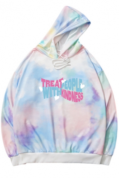 Basic Womens Hoodie Tie Dye Letter Treat People with Kindness Print Drawstring Long Sleeve Relaxed Fitted Hooded Sweatshirt