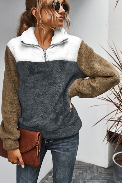 Basic Womens Jacket Color Block Panel Thickened Slim Fitted Long Sleeve Turn-down Collar Pullover Jacket