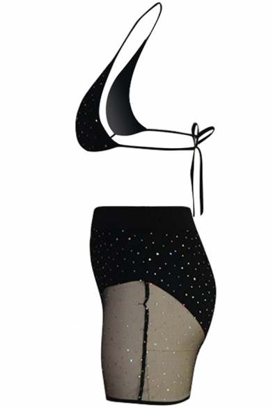 Creative Womens Co-ords Sequin Mesh Sleeveless Spaghetti Strap Cropped Bikini Top Slim Fitted Shorts Co-ords