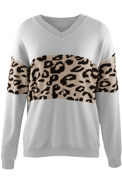 Elegant Women's Sweater Leopard Pattern Color Block Ribbed Trim V Neck Long Sleeve Regular Fit Sweater