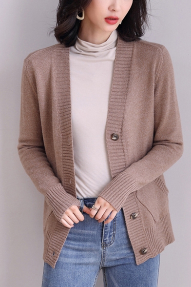 Fancy Women's Cardigan Solid Color Ribbed Trim Button Closure Side Pocket Long-sleeved Relaxed Fit Cardigan