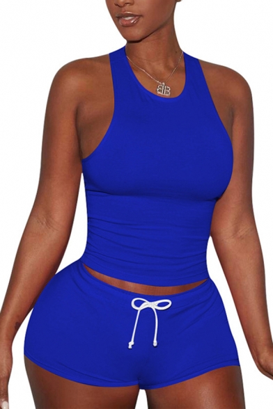 Fancy Women's Co-ords Solid Color Round Neck Sleeveless Slim Fitted Tank Top with Drawstring Waist Shorts Set
