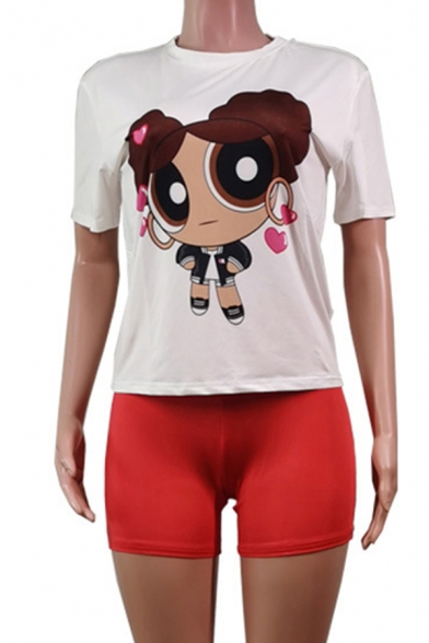 Fancy Women's Set Cartoon Figure Print Crew Neck Short Sleeves Slim Fitted Tee Top with Solid Color Shorts Co-ords