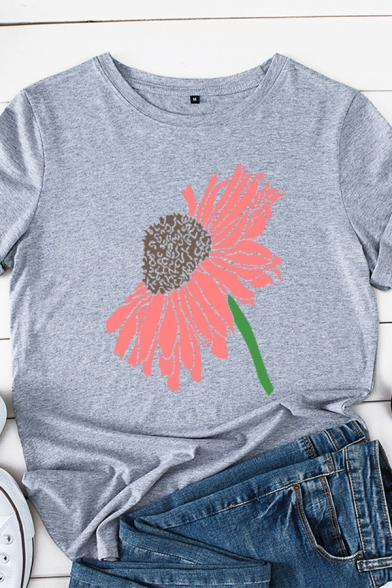 Fancy Women's T-Shirt Flower Print Round Neck Short-sleeved Regular Fit Tee Top