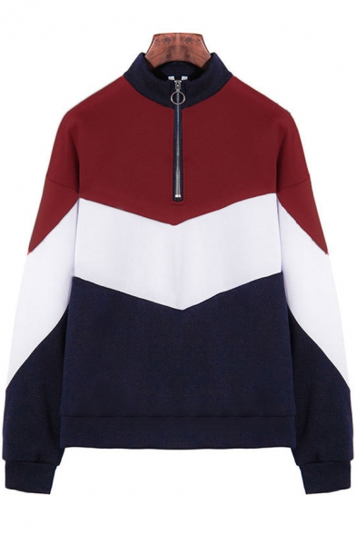Fashion Colorblock Patchwork Long Sleeve Half-Zip High Neck Burgundy Sweatshirt